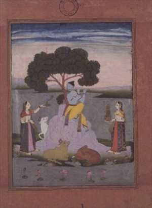 BL cat. no.428, from a Johnson Album no. 20 item 3, Krishna playing to two gopis, Hyderabad, c.1770 (gouache with gold, pink-tinted border)