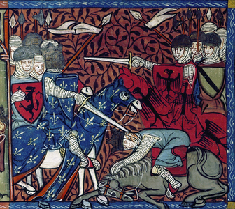 Western Emperor Louis the Pious killing Marcoman of England. In “Chronicles of France or Saint Denis”, 1325-1350
