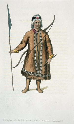 Russian with a spear, bow, and arrow. In “Costumes of the Russian Empire illustrated by a series of 73 prints”, William Alexander, 1803.