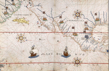 Chart of the Pacific Ocean showing the coasts of California (Nova Spagna) and Mexico. In ""A Portolan atlas"" by Joan Martines of Messina, 1567