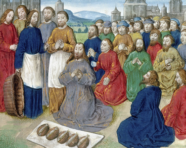 The Feeding of the Five Thousand, 1479. Christ kneels in front of a cloth on which lie five loaves of bread and five fish. From "Vita Christi" and "La Vengance de la mort Jhesu", by David Aubert.