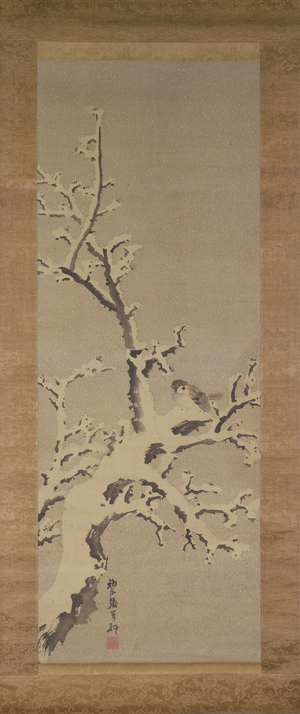 Sparrow on a tree in a snowstorm, c.1800 (colour on paper)