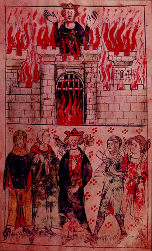 Ms Roy 20 A II f.3 Vortigern's Court: His Death, from the Chronicle of England by Peter de Langtoft, c.1307-27 (vellum)