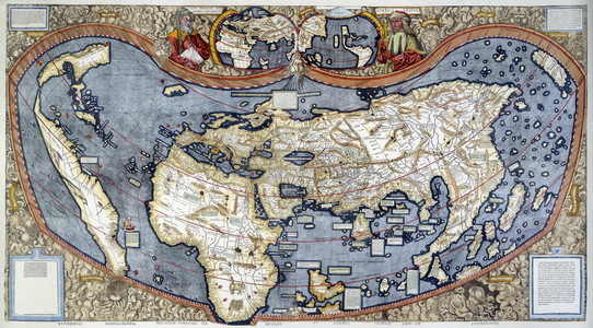 Map of the World, 1507. The map is accompanied by text explaining the use of the term 'America' to describe the continent of that name, and a Latin translation of the four journeys of Amerigo Vespucci. A small portrait of Vespucci appears at the top of the map.