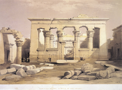 Ruin of the portico of the Kalabshi temple, Egypt. In “" The Holy Land, Syria, Idumea, Arabia, Egypt, & Nubia, from drawings made on the spot by D. Roberts... With historical descriptions by the Revd George Croly,... Egypt and Nubia” by William Brockedon. Lithograph by Louis Haghe 1842-1849.