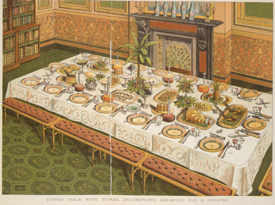 Supper Table with Floral Decorations, Arranged for 16 Persons, from 'Beeton's Book of Household Management', edited by Mrs Isabella Beeton, 1892 (colour litho)