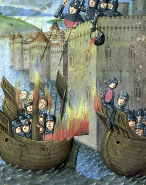 An army defends itself from the walls of the fortified city by pouring boiling oil on enemy ships. Miniature around 1473.