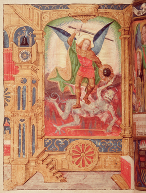 Add 18852 fol.25v St. Michael and the devil in an architectural border design, by the Master of the David Scenes in the Grimani Breviary (Use of Rome) Bruges, 1496-1506 (vellum)