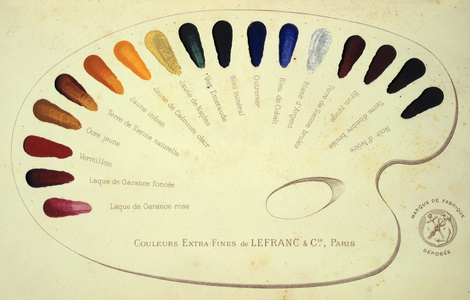 Paint palette. “Lefranc et Compagnie” paint samples. Illustration taken from “A Practical Treatise on Oil Painting” by Karl Robert.