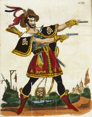 Mr Ransford as Wolfe the robber and murderer, frontispiece from 'The Wonderful life of Wolfe...' published by Fairburn, London, c.1830 (colour litho)