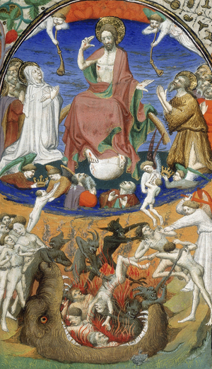 The faithful kneel before the risen Christ while underneath the souls of the damned burn in hell. In the center angels save men from the clutches of hell. In “The Bedford Missal”, made for the Duke of Bedford and his wife, Anne of Burgundy, 1423