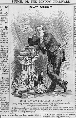 Cartoon of Oscar Wilde. 'Fancy portrait'. 'Quite too-too puffickly precious!! In Punch, or the London Charivari. 5th march 1892