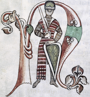 Knight with sword and shield, 12th-13th century. He wears a long-sleeved hauberk (coat of chainmail), under a flowing gown.