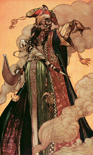 'He saw a genie of monstrous bulk advancing towards him', from 'The Arabian Nights' (colour litho)