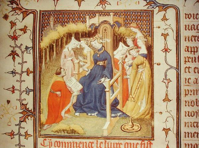 Ms Fr 12420 The author presenting his work to a group of women, from 'De Claris Mulieribus', by Giovanni Boccaccio (1313-75) (vellum)