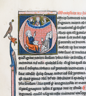 Ms 3458, historiated initial 'O' depicting the ancient Greek philosopher Aristotle, teaching a group of clerics from Western Europe and pointing upwards towards God in the heavens (pen & ink and tempera on vellum) (detail of 430472)