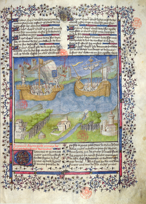 Ms 2028 fol. 2 The Trojan origins of the French nation, from the Grandes Chroniques de France (vellum)