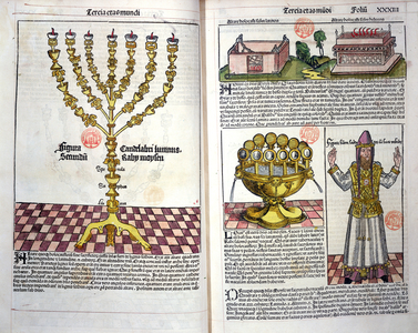 The Menorah and a Hebrew Priest, from the Nuremberg Chronicle by Hartmann Schedel (1440-1514) 1493 (colour woodcut)