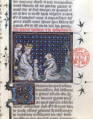 Ms 1729 Education of a king's son, illustration for the story of Balaam and Josephat from the 'Legenda Aurea' by Jacobus da Varagine, c.1370 (vellum)