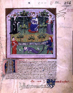 Ms 3522 fol.1 The author pretending to be asleep is witness to an argument between a knight and a bishop, from 'Somnium Viridarii' (Le Songe du Vergier) composed in 1376 under the order of Charles V (1338-80) (vellum)