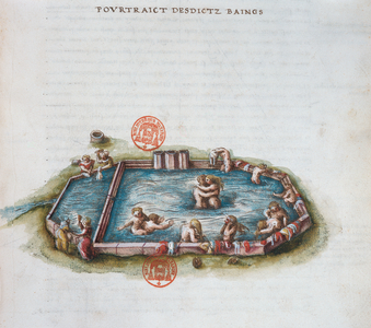 Ms 3243 The Baths of Bourbon l'Archambaut, Auvergne, illustration from 'Generale Description du Bourbonnais' by Nicolas de Nicolay, 1569 (w/c on paper)