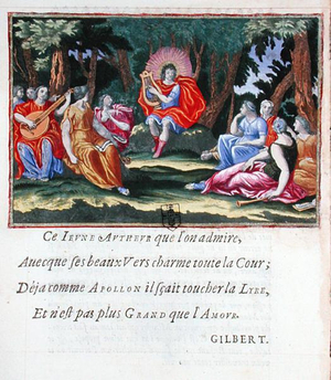 Louis XIV as Apollo with the Nine Muses, from 'La Lyre du jeune Apollon ou La Muse naissante', collection of poems by Francois de Beauchateau (b.1645), 1657 (colour engraving)