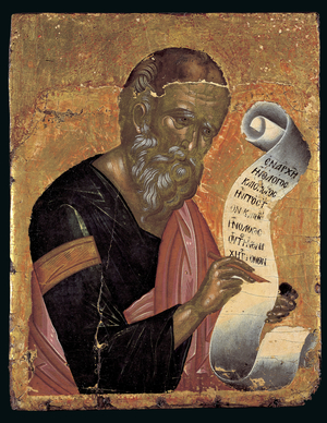St. John the Theologian, Writing his Revelations on an Open Scroll (egg tempera on panel)