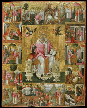 Icon of St Spyridon with Scenes of his life (egg tempera on panel)