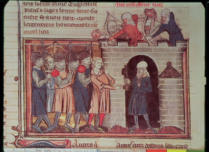 Ms Fr 22495 f.32v 1st Crusade. Surrender of Tarsus to Tancred de Hauteville, 1097, from Le Roman de Godefroi de Bouillon (vellum)