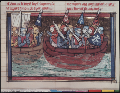 Ms 22495 fol.287 Embarkation for abroad, from Le Roman de Godefroi de Bouillon, 1337 (vellum)