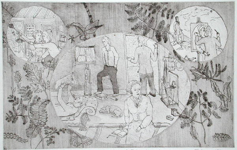 Rain, shuttlecocks and stolen kisses, 1972 (etching)