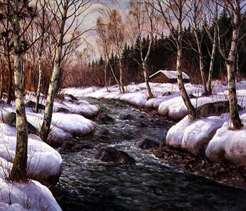 Winter River Landscape (oil on canvas) (one of a pair, see also 32063)
