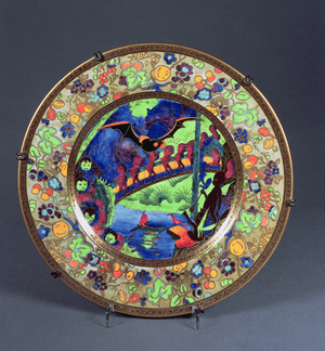 A Wedgwood Fairyland lustre Lincoln plate decorated with the `Imps on a Bridge` and `Roc Centre` patterns, c.1915-21 (ceramic)