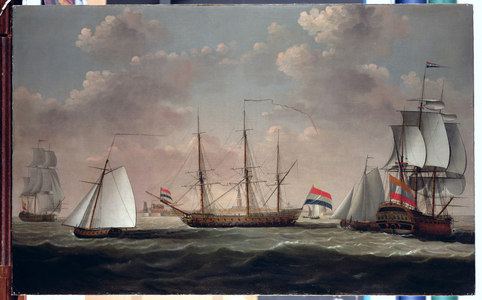 The East Indiaman 't Slot ter Hooge' and other shipping in a brisk breeze off a Dutch port, possibly Flushing (oil on canvas)