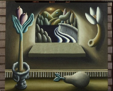 Still Life with Bush, Pear on Floor and Window to Landscape (oil on canvas)