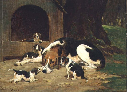 A Foxhound Bitch with her litter, 1880