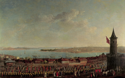 View of Constantinople with a procession of janissaries passing the Galata Tower