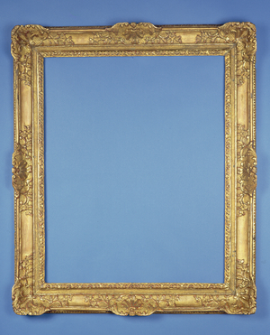 French Regence carved and gilded frame, the corner and centre cartouches carved with anthemion and shell and trailing foliate tendrils to plain reposes, a rocaille sight edge