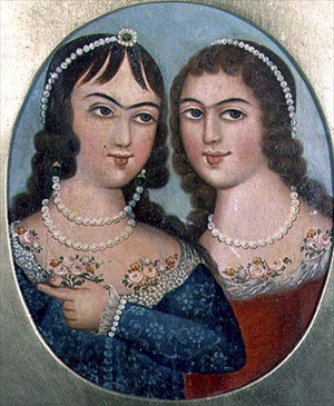 Portrait of two ladies wearing pearl jewellery, Qajar, 19th century (oil on canvas)