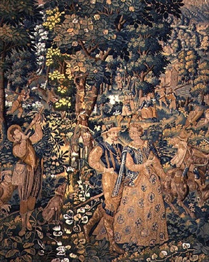 French tapestry of two couples walking in a wooded landscape and an ostrich hunt, 17th century