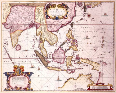 General map extending from India to southern Japan and northern Australia by way of the Indonesian archipelago and the Philippines, c.1700 (coloured engraving)