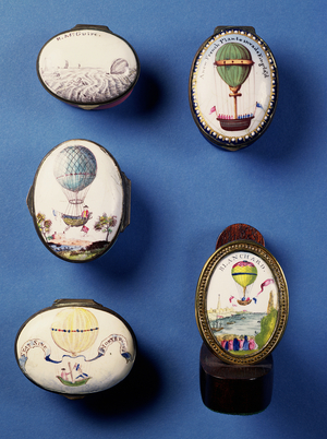 English enamel patch boxes, depicting hot-air balloons; gilt metal sword/cloak peg portraying Blanchard's balloon crossing the English Channel, late 18th century