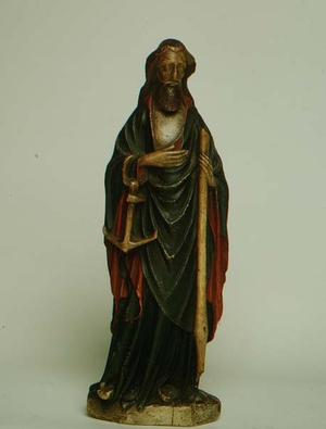 Nottingham figure of an apostle, possibly St.Jude, holding oar and anchor, 14th century (polychrome alabaster)
