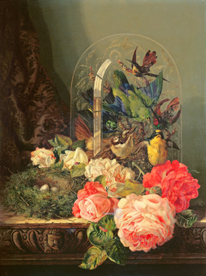 Still life of birds, flowers and a bird's nest on a table