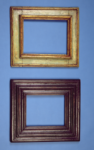 Two Spanish frames, L to R: 16th century carved and gilded Cassetta frame, the flat painted turquoise over ochre and with contoured inner and outer edges; carved black painted frame of contoured design