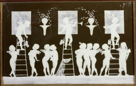Minton pate-sur-pate plaque by Leon Solon with cherubs on ladders fixing billposters headed 'Notice, Reward and Wanted', c.1870