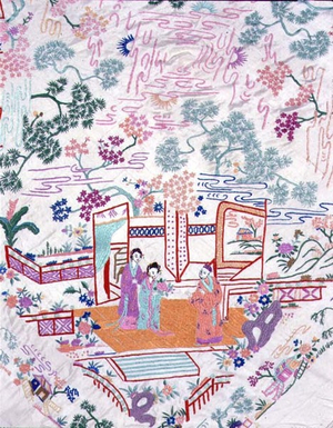 Detail from a Chinese silk shawl with hand embroidered design