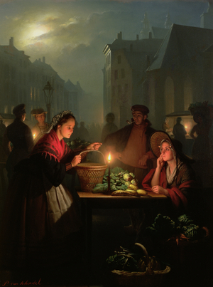 A Vegetable Stall at Night (oil on panel)
