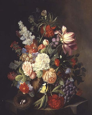 A Still life of Mixed Summer Flowers in an Urn (oil on canvas)
