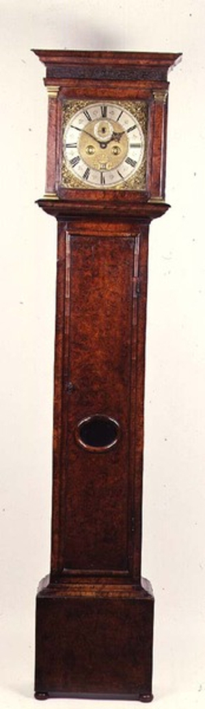Burr elm loncase clock, of month duration, by James Clowes, 1672